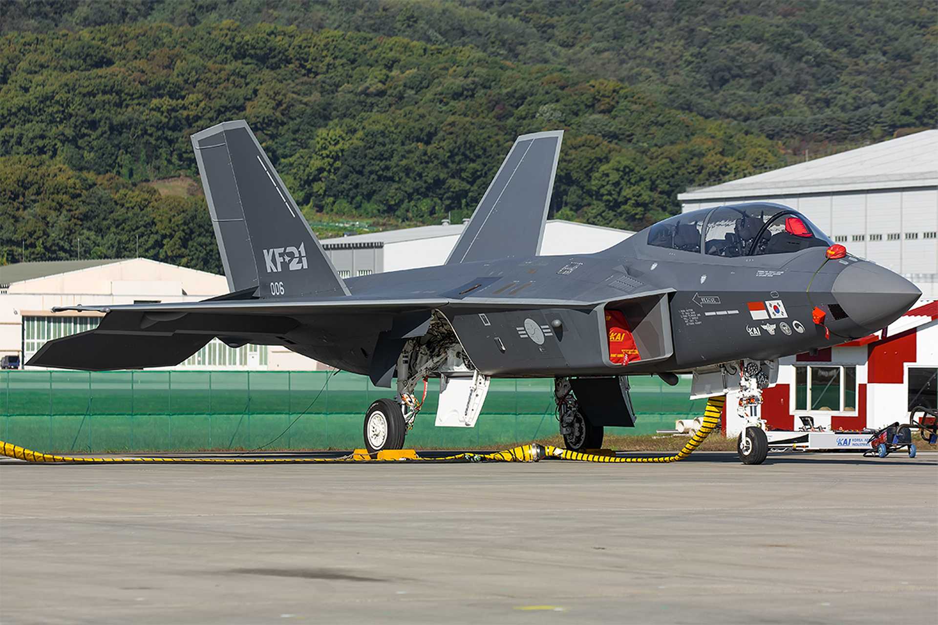 South Korea&rsquo;s KF-21 Boramae on static display during DX Korea 2023 in Seoul, highlighting the nation's latest indigenous fighter program to international audiences. The aircraft's public appearance underlines its readiness for production and export.