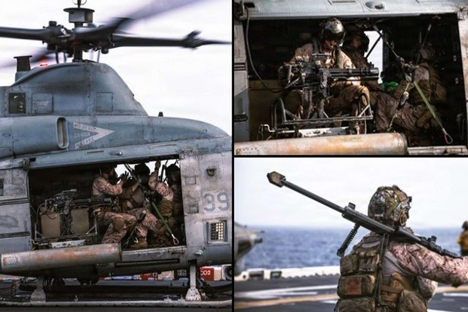 U.S. Marines with the 31st Marine Expeditionary Unit conduct aerial sniper and close air support training from a UH-1Y Venom aboard USS Tripoli in the CENTCOM area, combining precision rifle fire, crew-served weapons, and ship-based aviation procedures for maritime overwatch and force protection (Picture source: U.S. DoW).