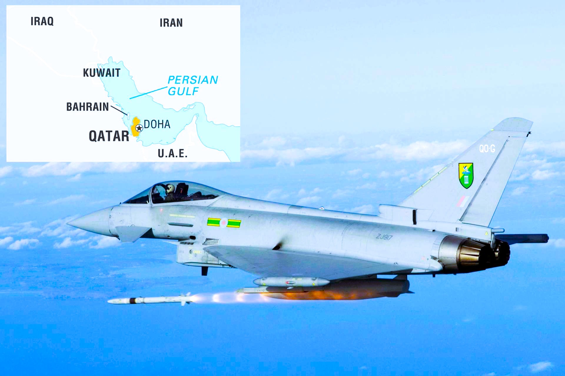 This image shows a 3(F) Squadron RAF Eurofighter Typhoon based at RAF Coningsby firing an ASRAAM missile at a Mirach target drone&rsquo;s towed flare pack over the Aberporth range in Wales, and is for illustrative purposes only, not from the operation itself (Picture Source: Britannica UK Ministry of Defence)