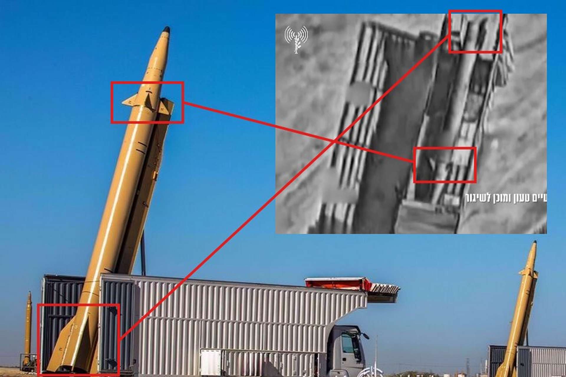 Israel appears to have destroyed an Iranian Kheibar Shekan medium-range ballistic missile launcher before launch, eliminating a mobile, fast-reaction strike asset poised to target Israeli territory (Picture source: IDF / Iranian Media)