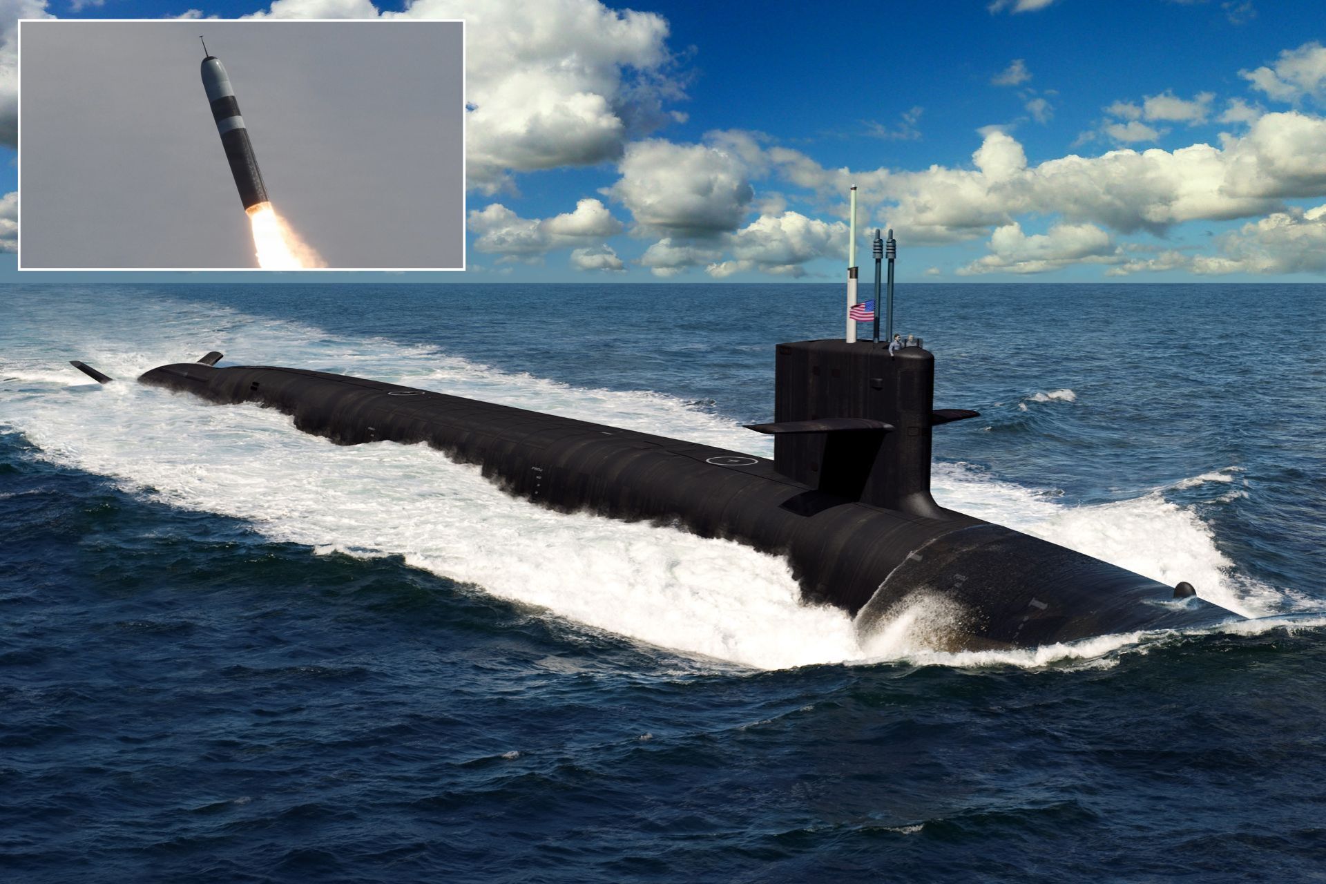 Artist’s rendering of the next-generation Columbia-class nuclear ballistic missile submarine with an unarmed Trident II D5 Life Extension (D5LE) missile launches from an Ohio-class ballistic missile submarine (Picture source: US DoD/Edited by Army Recognition)