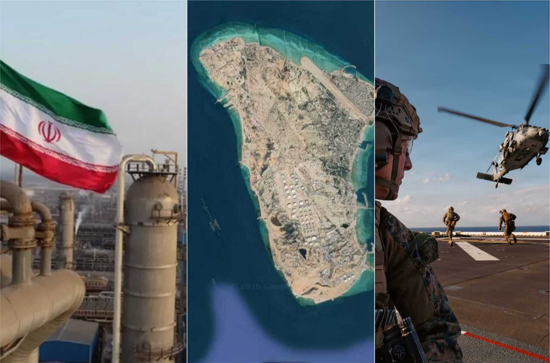 Because Kharg Island concentrates roughly 90–95% of Iran’s crude exports, with pipelines from major fields feeding a single deep-water terminal handling up to millions of barrels per day, controlling it offers the U.S a single-point leverage to pressure Tehran to reopen the Strait of Hormuz. (Picture source: Iranian MoD, Google Maps, US DoD)
