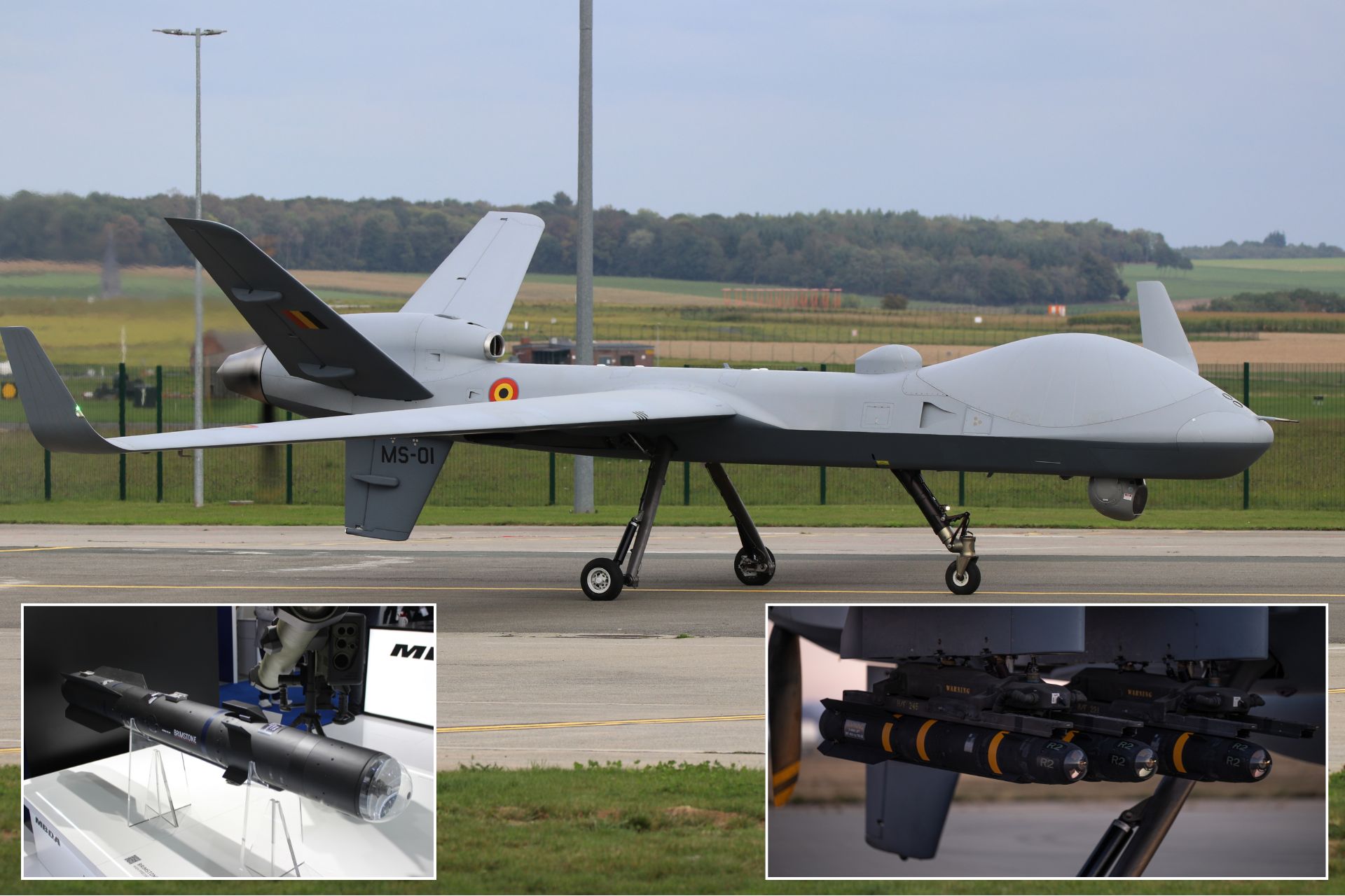 Belgium&rsquo;s first MQ-9B SkyGuardian during its rollout presentation at Florennes Air Base with added Brimstone (left) and Hellfire (right) missile images (Picture source: Army Recognition Group)