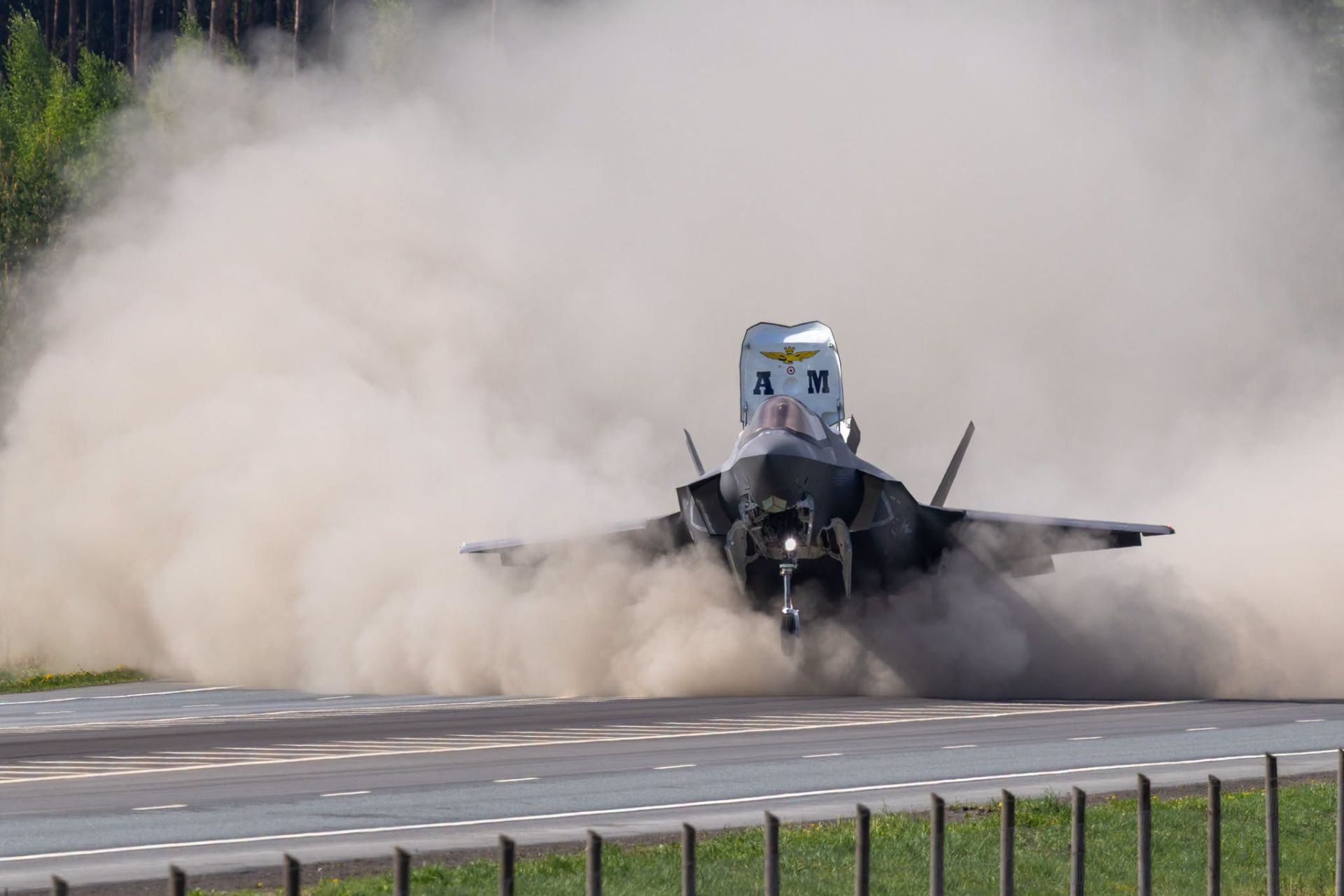 Italian Air Force F-35B fighters conduct short takeoff and landing operations from Finland&rsquo;s Jokioinen highway strip during the Imminent Field 26 dispersed air combat exercise. (Picture source: Finnish Air Force)