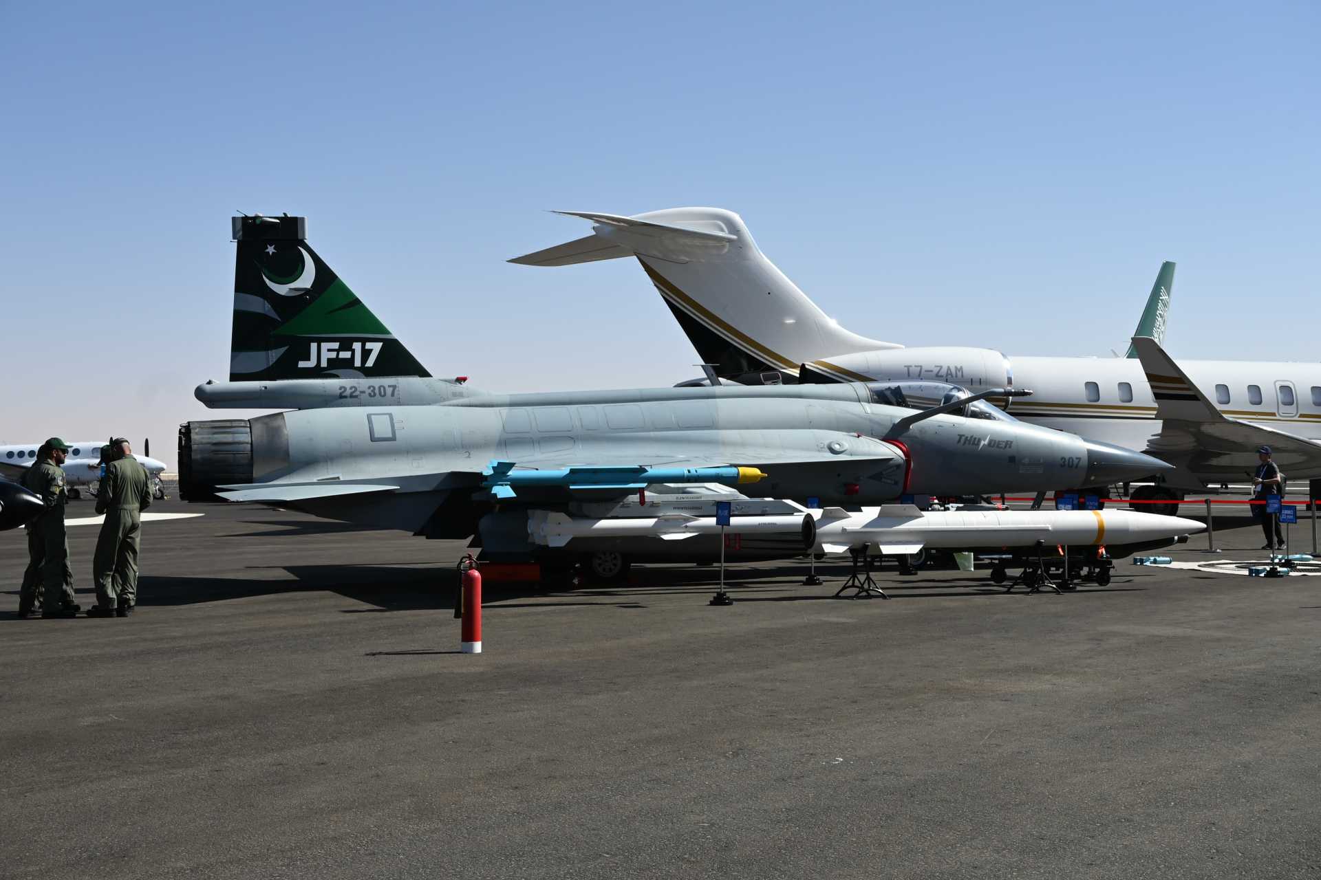 A Pakistan Air Force JF-17 Thunder fighter aircraft displayed at the World Defense Show, representing the type reportedly deployed to Saudi Arabia under Islamabad’s expanded military support package amid rising tensions linked to the U.S.-Iran conflict.