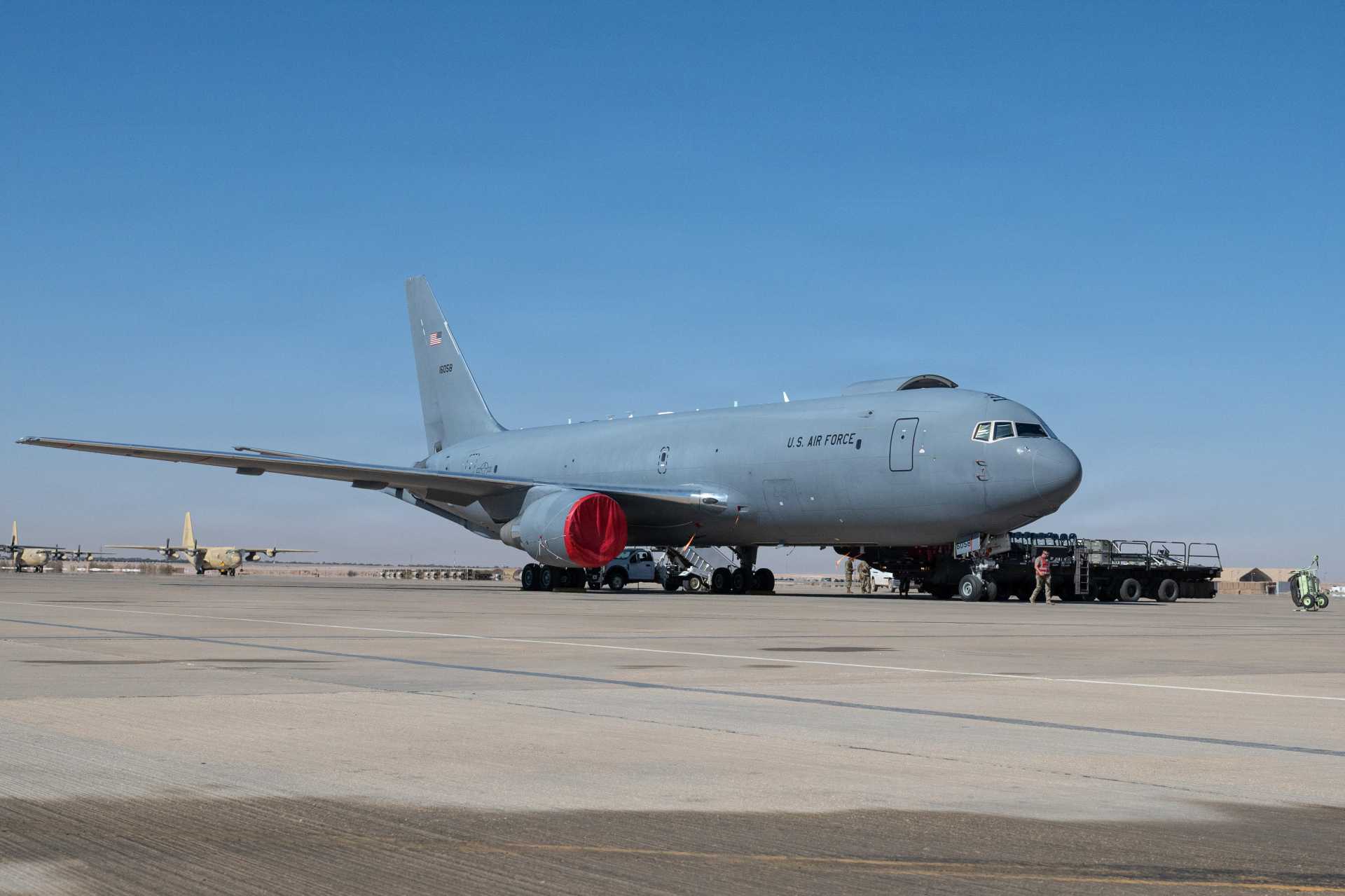 U.S. Air Force Airmen assigned to the 378th Expeditionary Logistics Readiness Squadron unload cargo from a KC-46A Pegasus aerial refueling aircraft operated by the 77th Expeditionary Air Refueling Squadron within the U.S. Central Command area of responsibility.