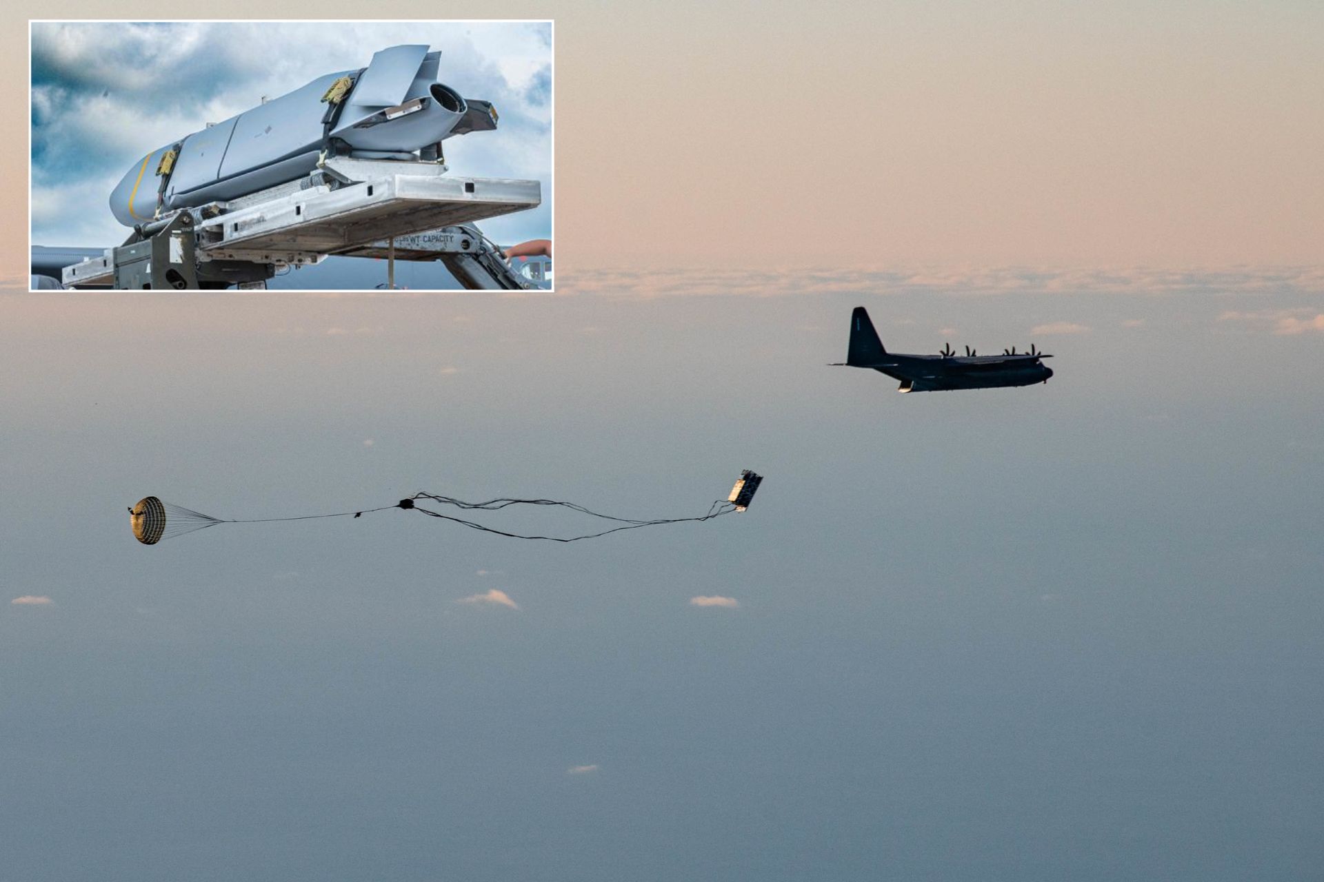 A Rapid Dragon palletized munition system deploys from a U.S. Air Force MC-130J Commando II during a live-fire demonstration over Norway in 2022. (Picture source: US DoD)