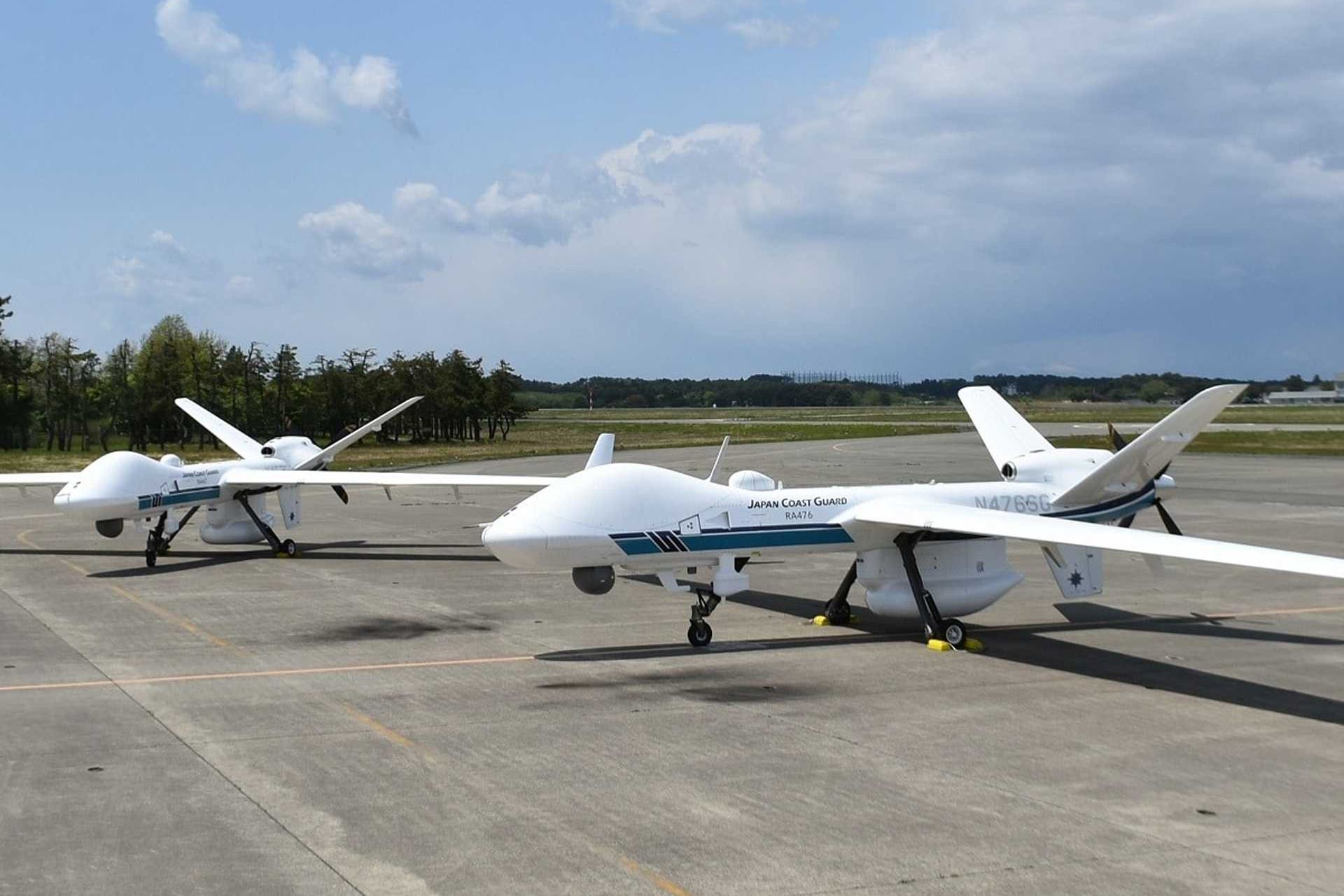 Japan Coast Guard MQ-9B pictured on the ground, illustrating the U.S.-made General Atomics drone family as Japan seeks $1.83 billion for 17 MQ-9Bs for the Japan Maritime Self-Defense Force under its FY2027 defense budget request.