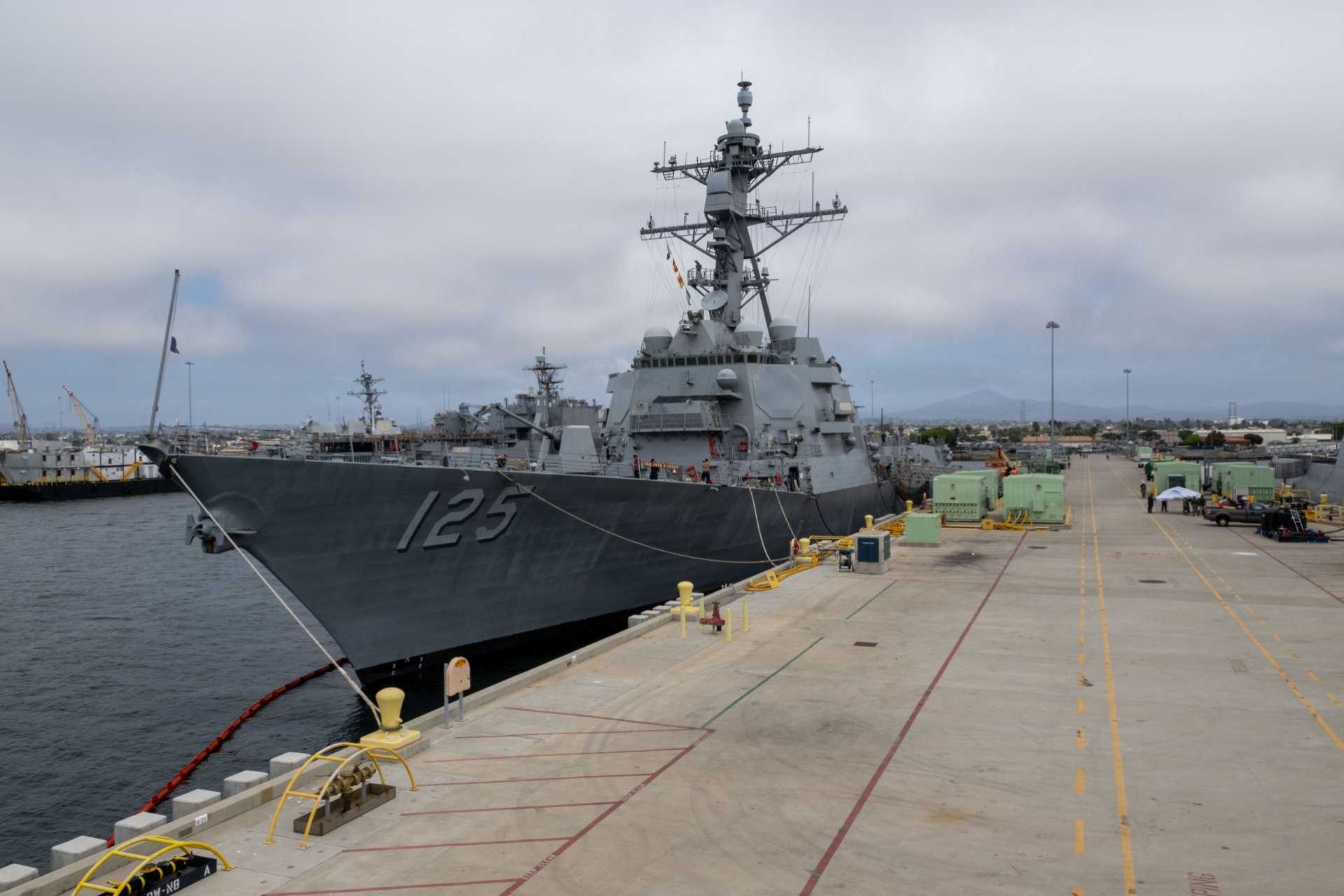 Arleigh Burke-class guided-missile destroyer USS Jack H. Lucas (DDG 125), the U.S. Navy’s first Flight III destroyer equipped with the AN/SPY-6(V)1 Air and Missile Defense Radar and Aegis Baseline 10, moored at Naval Base San Diego on August 28, 2026.