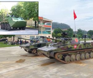 Vietnam’s new T-1 amphibious light tank alongside the Soviet-designed PT-76 it is intended to replace, with the XTC-03 8x8 armored personnel carrier pictured in the upper-left inset. (Picture source: X/@EFFERCETAMOL)