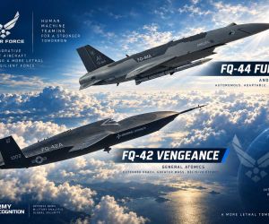 U.S. Air Force FQ-44 Fury and FQ-42 Vengeance Collaborative Combat Aircraft illustrate the service’s push toward semi-autonomous unmanned combat aviation designed to operate alongside F-35 and future F-47 fighters, extending sensor reach, weapons capacity and survivability in contested airspace.