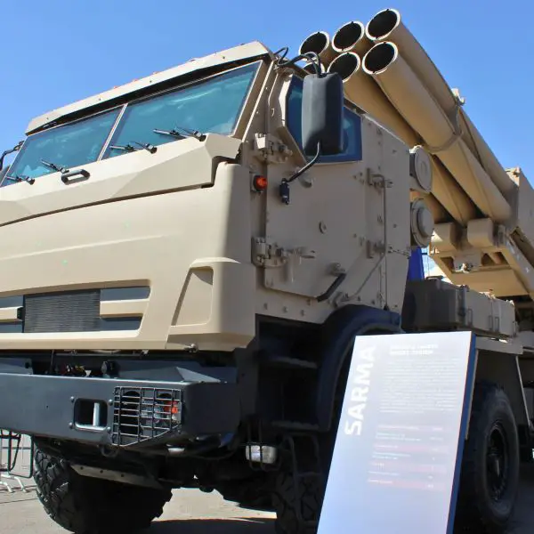 Sarma 300 mm Multiple Launch Rocket System displayed at World Defense Show 2026 on a KamAZ-63501 8x8 chassis, highlighting its compact six-tube launcher and mobile precision fire role. (Picture source: Army Recognition)