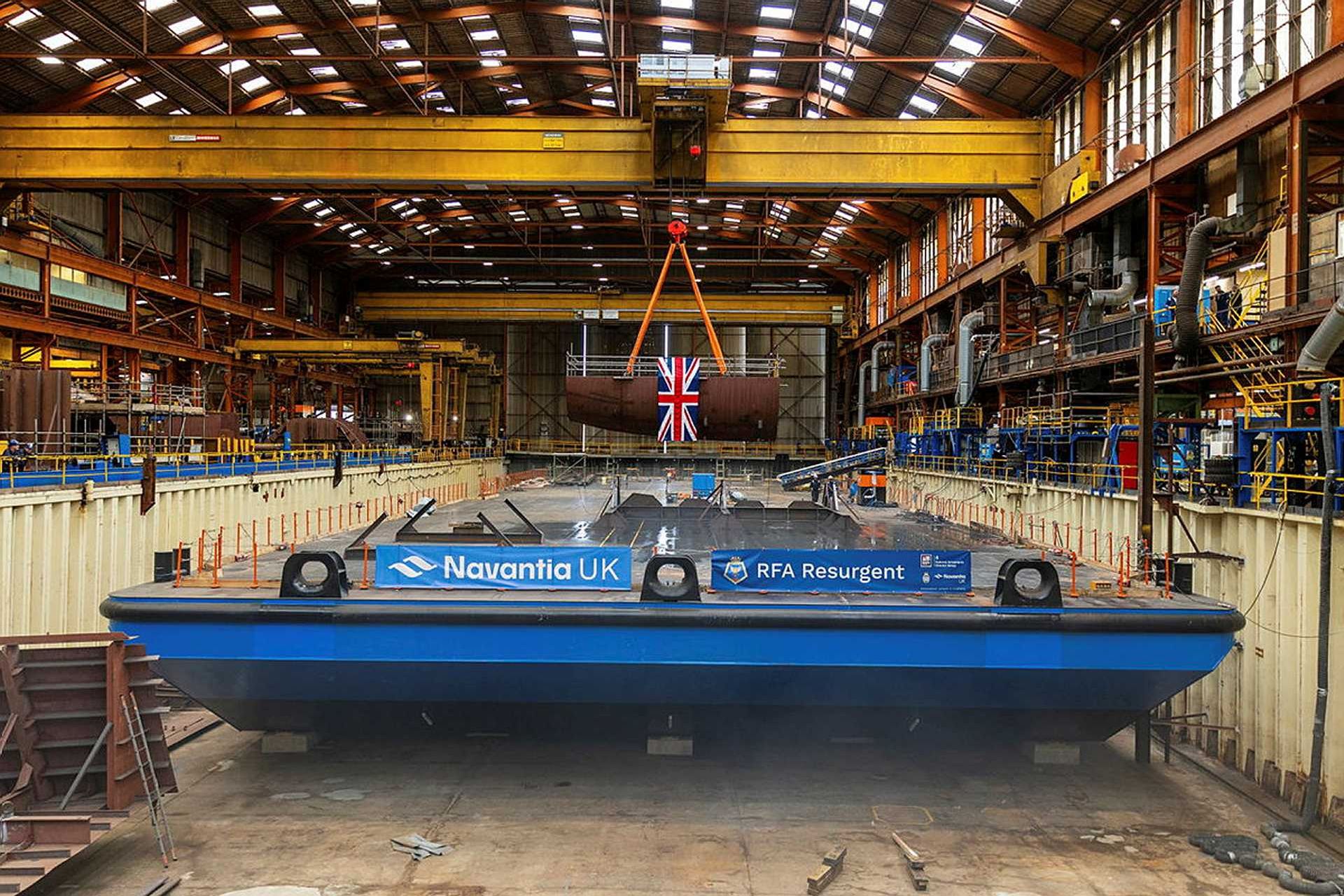 The keel of the future Fleet Solid Support ship RFA Resurgent is lowered into position during the keel-laying ceremony at Appledore shipyard in the United Kingdom on September 3, 2026.