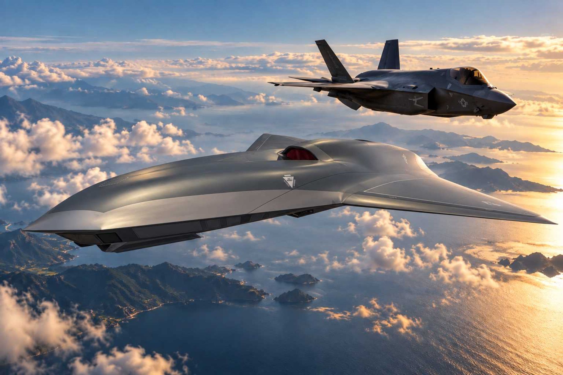 AI-generated image of Lockheed Martin’s Vectis, a subsonic collaborative combat aircraft being developed to operate independently or alongside crewed fighters such as the F-35 in future high-intensity air operations.