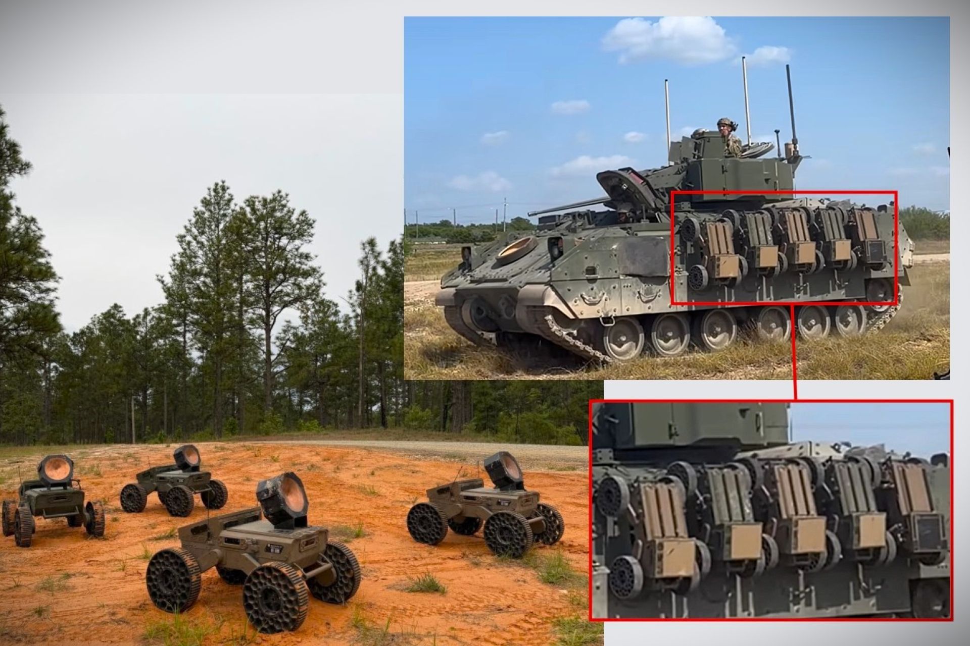 The U.S. Army is testing M2A4 Bradley infantry fighting vehicles as carriers for swarms of FireAnt unmanned ground vehicles, exploring how small attritable robots could support armored formations in future combined-arms combat (Picture Source: Swarmbotics AI / Edited By Army Recognition Group)