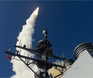 A U.S. Navy Aegis-equipped destroyer launches an SM-3 interceptor during a ballistic missile defense event, highlighting the fleet’s ability to engage ballistic threats outside the atmosphere.
