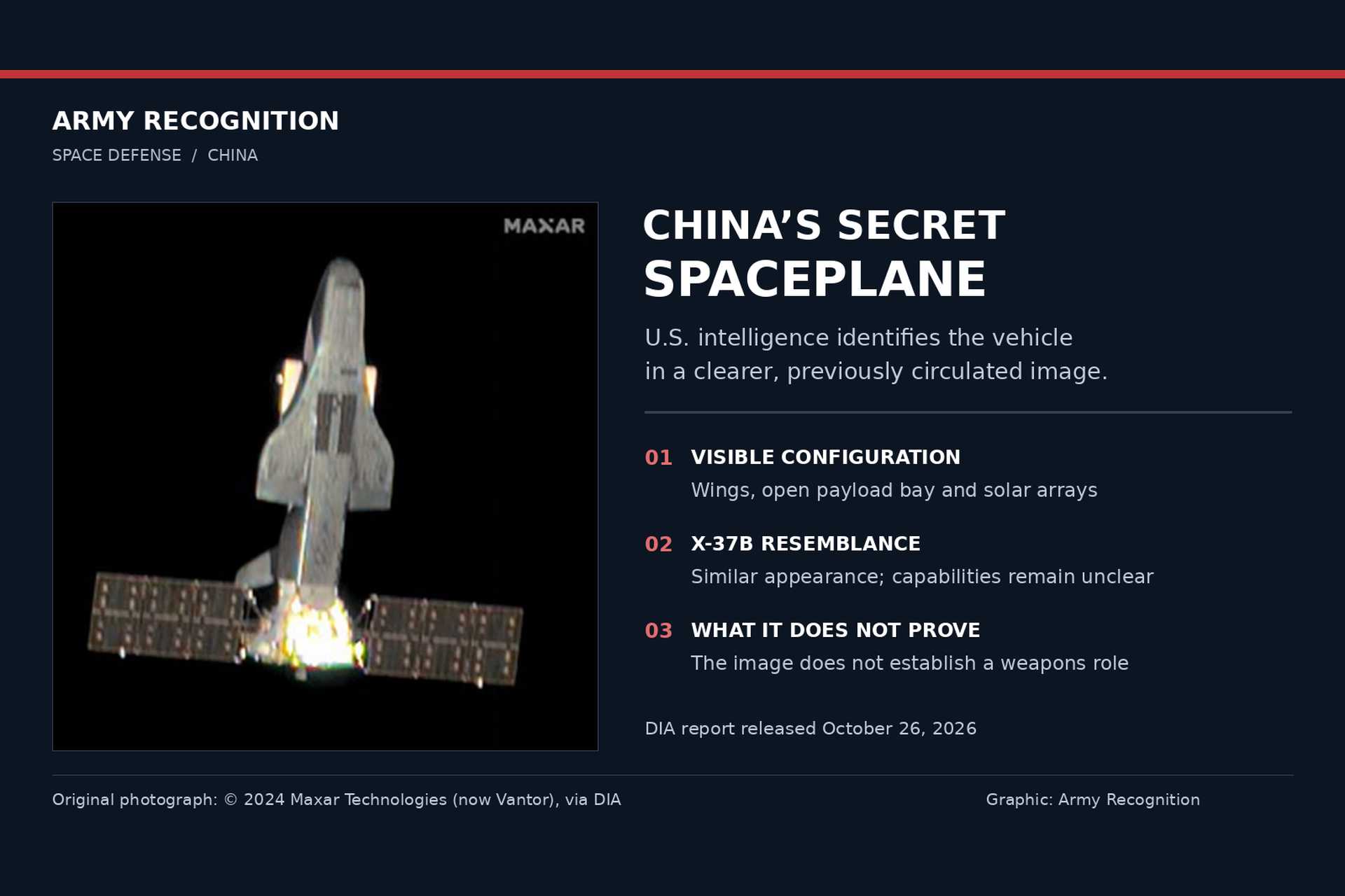 China’s experimental reusable spaceplane pictured in orbit with its payload bay open and solar arrays deployed. DIA published the image in its October 2026 space security report. (Photo: © 2024 Maxar Technologies, now Vantor, via DIA. Graphic: Army Recognition.)