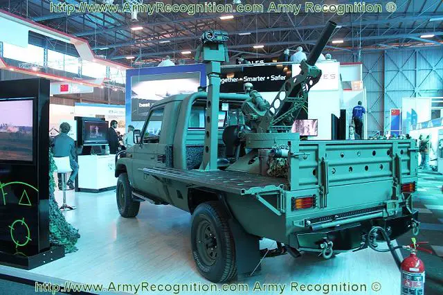 At AAD 2012, the Thales Scorpion automated mortar weapons platform is mounted on the chassis of a light tactical vehicle Toyota Land Cruiser 4x4 pickup chassis. 