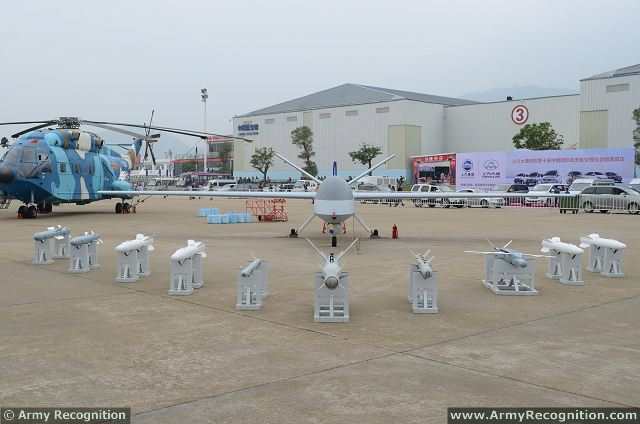 At the China International Aviation & Aerospace Exhibition 2014 (AirShow China), the Chinese Air Force displays the Wing-Loong 1 UAV (Unmanned Aerial Vehicle) able to carry a full range of bombs, guided missile, rockets and optics.