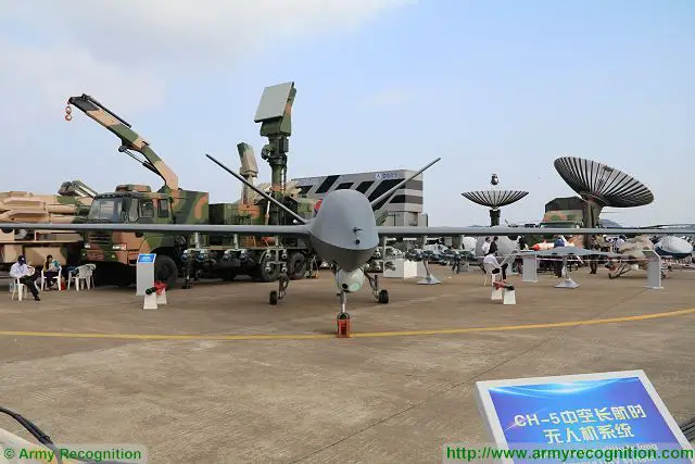 China presents a full range of new combat drones at Zhuhai AirShow China 2016 including the CH-5 or Rainbow 5. This drone can be armed with missiles or bombs and can also carry airborne early warning systems for regional surveillance and battlefield command and control.