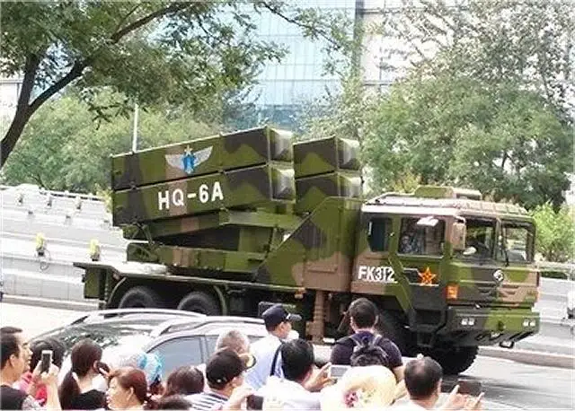 The HQ-6A is a surface-to-air defense missile system mounted on a 6x6 truck chassis. The vehicle is fitted with a total of four LY-60/PL-10 missiles in two blocks of two missiles. 