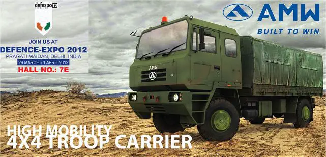 India’s third largest heavy commercial vehicle manufacturer Asia MotorWorks (AMW) unveiled its new range of military vehicles called ‘AMW Defence’ at the 6th International Land and Naval Systems Exhibition or Defence Expo 2012 being held at Pragati Maidan, New Delhi between March 29-April 1. 
