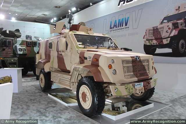 Tata Motors, the country's leading supplier of mobility solutions to the armed and security forces showcased two new combat vehicles at the DEFEXPO 2014. As part of the company's strategy to enhance the scope of its defence business right up to frontline combat, Tata Motors unveils for the first time its LAMV (Light Armoured Multipurpose Vehicle).