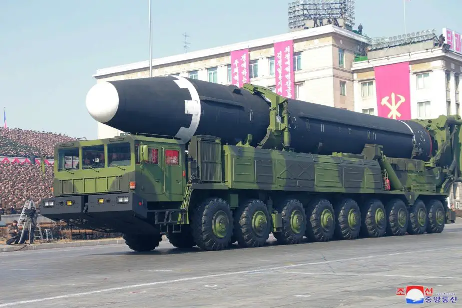 Hwasong 15 KN 22 ICBM InterVontinental Ballistic Missile on 9 axles truck North Korea army military parade February 2018 925 001