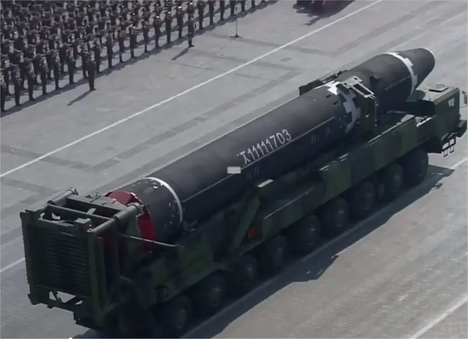 Hwasong 15 KN 22 ICBM InterVontinental Ballistic Missile on 9 axles truck North Korea army military parade February 2018 925 002