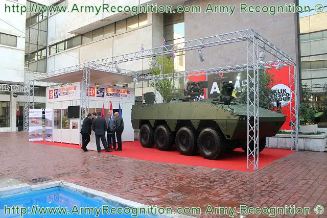 At the Albanian Military Exhibition ALMEX 2011, the Croatian Defence Company Duro Dakovik presents the wheeled armored vehicle personnel carrier Patria AMV. The Company is in charge to manufacture the vehicles order by the Croatian ministry of defense under a joint contract with the Finnish Company Patria. 