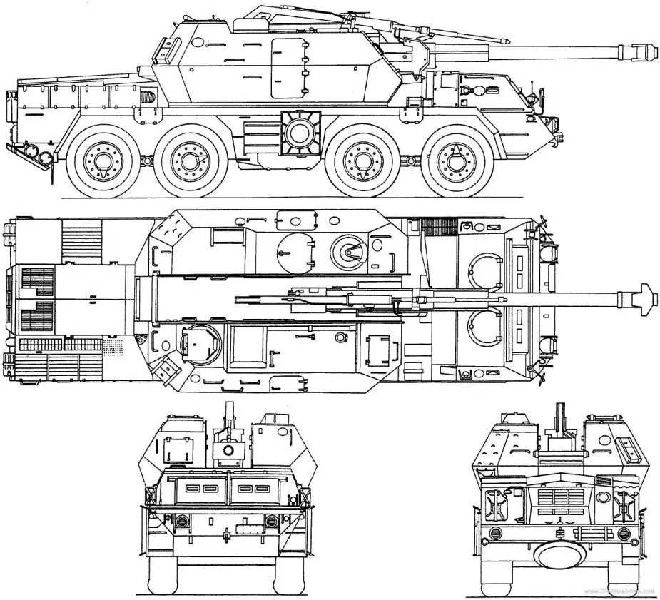 Dana 152 mm 8x8 wheeled self propelled gun howitzer Czech Republic army defense industry line drawing blueprint 925 001