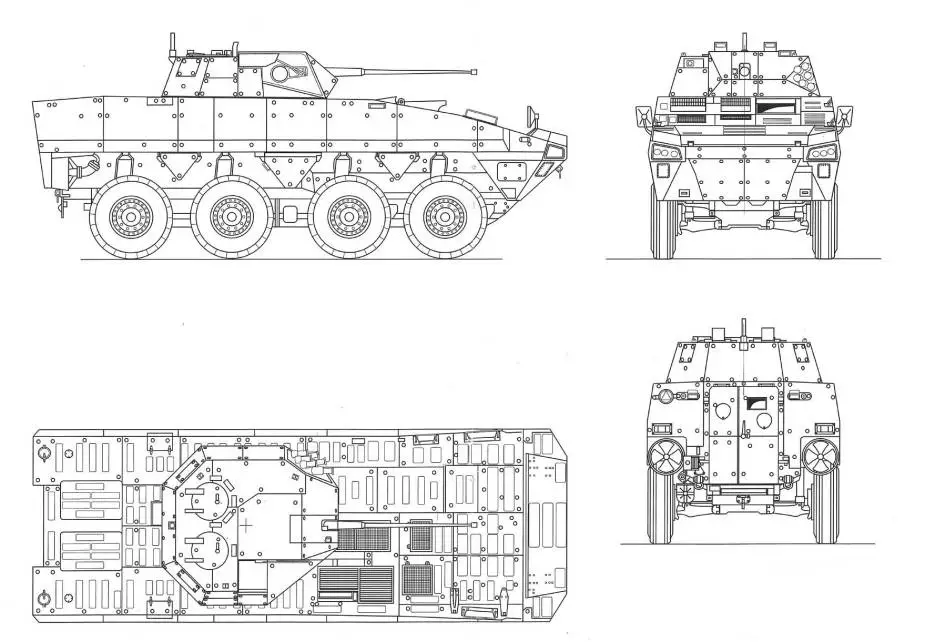 Rosomak IFV 8x8 wheeled armored vehicle Poland line drawing blueprint 001