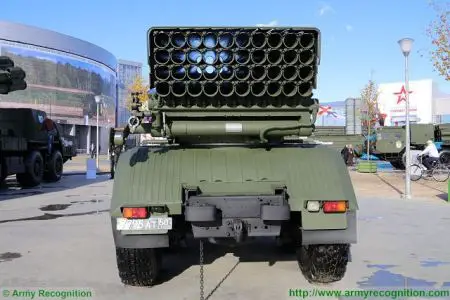 BM 21 multiple rocket launcher system Ural Truck 375D 6x6 Russia Russian army rear view 450 001
