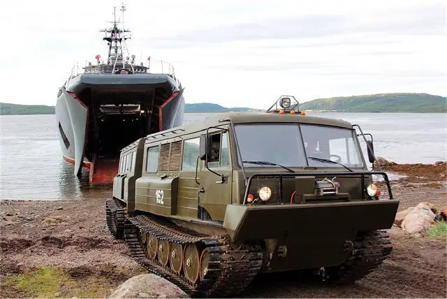 The Northern Fleet Saint George and Kondopoga major landing ships of Russian Navy arrived in Dudinka port and transported servicemen and hardware including new TTM-4902PS-10 all-terrain tracked vehicle, involved in the interservice tactic exercise concerning defence of the important industrial facility located in the Arctic zone
