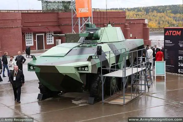 The 8x8 armoured infantry fighting vehicle “Atom”, developed by the Russian Company Uralvagonzavod (UVZ) research and production corporation, will be shown in operation for the first time at the IDEX-2015 international exhibition of armaments in Abu Dhabi (United Arab Emirates) which will be held from the 22 to 26 February, 2015, UVZ General Director Oleg Siyenko told Russian press agency ITAR-TASS.
