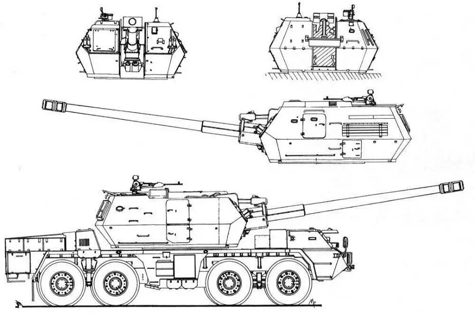 Zuzana 155mm 8x8 wheeled truck mounted self propelled howitzer Slovakia line drawing 925 001