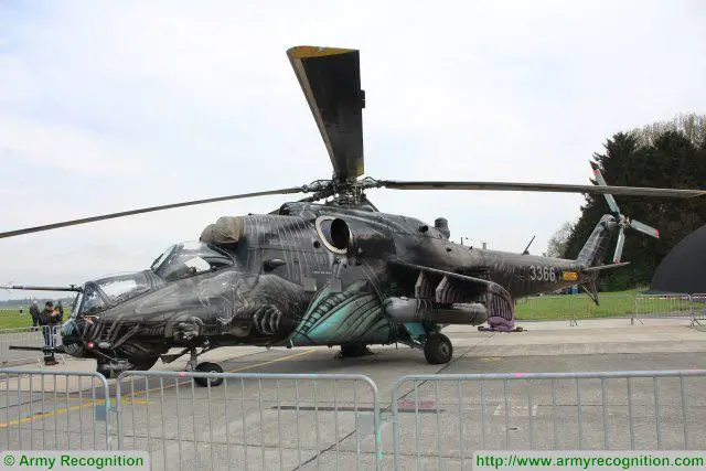 The Mi-24V/Mi-35 "Hind-E" (export variant) (NATO reporting name: Hind) is a multirole combat helicopter with low-capacity troop transport manufactured by the Russian company Rostverol. It is the result of more than 45 years of research and development, since the first flight of the prototype in 1969. The Mi-24V/Mi-35 entered production in 1976, and nearly 1.500 had been built in Arsenyev and Rostov by 1986.