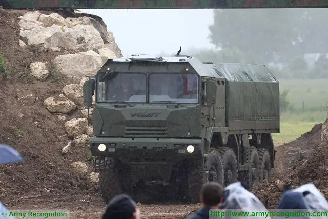 Belarus 8x8 military truck MZKT 8x8 in live demonstration for the first time at Eurosatory, the international land and airland defence and security exhibition in Paris, France. MZKT (Minsk Wheel Tractor Plan) is a manufacturer of heavy off-road vehicles, especially military trucks, based in Minsk, Belarus.