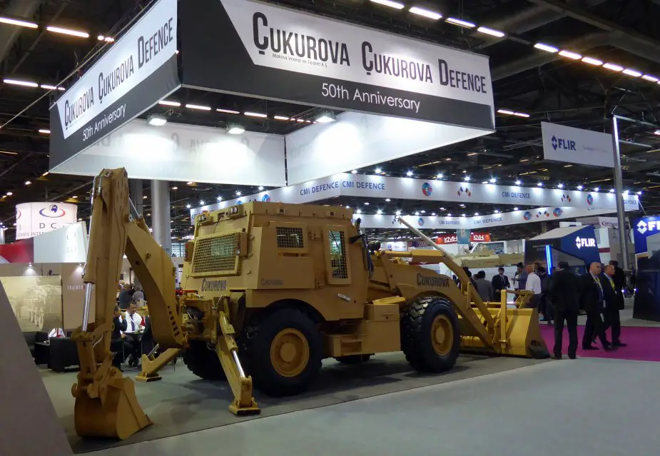 Eurosatory 2018 Turkish company Cukurova Defence displays 4x4x4 armored backhoe loader