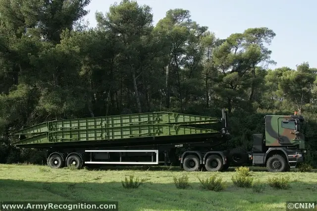 One semi-trailer of one tractor with 3 axles Scania 6x6 (PTS in the French Army) and one trailer adapted for the transport of 2 additional bridge sections, which allows supplying the launcher. Launching and retrieving of the bridge is operated under protection by a crew of 2 from the armored cabin of the launcher.