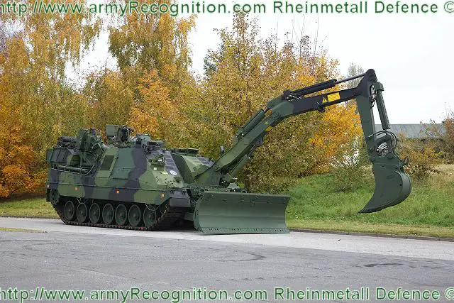 Known in Rheinmetall parlance as the “Kodiak”, the AEV 3 S is a heavy-duty combat engineering system that falls into the military weight category MLC 70. Its mineprotected MBT (main battle tank) Leopard 2 chassis and 1,100 kW diesel engine assure outstanding mobility and a high level of protection. It is equipped with a powerful hinged-arm excavator with different excavator tools, a dozer system featuring cutting and tilt angle settings and a double-winch system consisting of two 9-ton capstan winches. For its self-protection, the vehicle is equipped with a remote control weapon station and a smoke grenade launcher system.