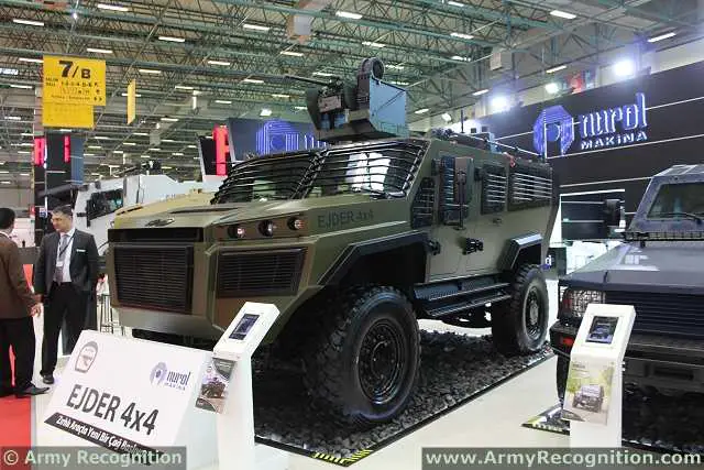 At IDEF 2013, the EJDER 4x4 is fitted with a remote weapon station armed with a 7.62 mm machine gun. Such equipment is used on modern military vehicles, as it allows a gunner to remain in the relative protection of the vehicle.