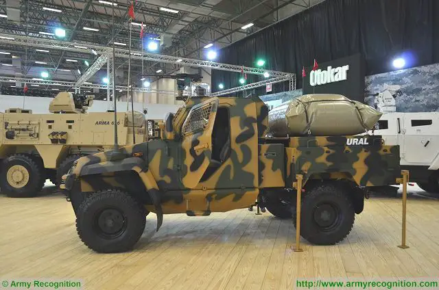 URAL light tactical armoured vehicle single cabin at IDEF 2017, International Defense Exhibition in Istanbul, Turkey. 