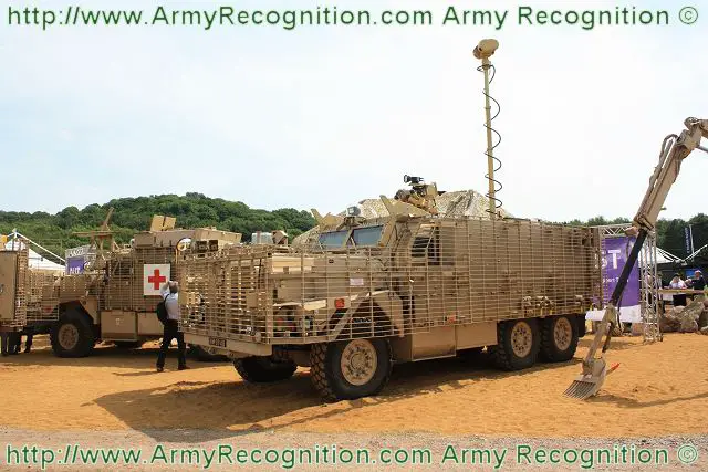 A Mastiff 2 protected patrol vehicle with a mast-mounted camera and a remotely-operated weapon station. 