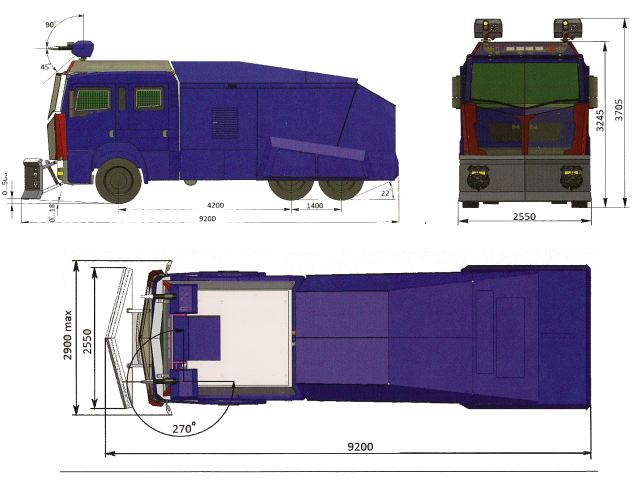 Predator 4x4 armoured truck riot control water cannon vehicle Streit Group line drawing blueprint 001