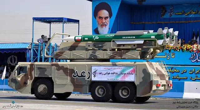 Iran's Islamic Revolution Guards Corps (IRGC) displayed a highly advanced air defense shield, called 'Ra'd', during military parades in Southern Tehran on Friday, September 21, 2012. According to IRGC Air Defense Unit, the highly-advanced home-made Ra'd (Thunder) air defense system is equipped with 'Taer' (Bird) missiles, which can trace and hit targets 50km in distance and 75,000f in altitude. 