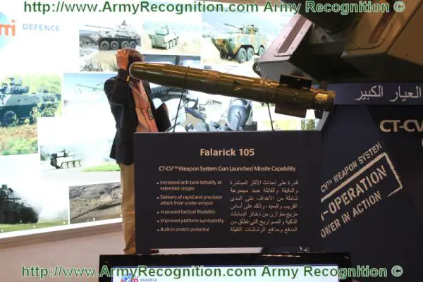 At the International Defence Exhibition of Abu Dhabi, the Belgian Company CMI Defence presents its complete full scale Cockerill CT-CV Weapon System (advanced 105 mm) and its new Gun Launched Anti-Tank Guided Missile, The Falarick 105. 