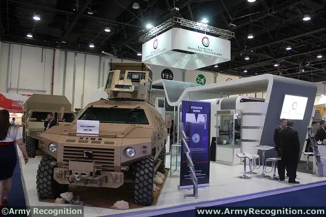 A NIMR 4x4 armoured personnel carrier is presented at IDEX 2013 covered by the paint of Intermat to reduce thermal and visual signatures. These coatings can be offered either as paint or as adhesive materials.