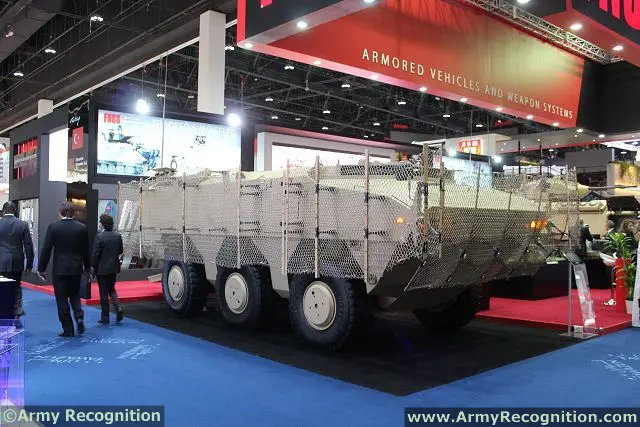 FNSS PARS 6x6 armoured combat vehicle equipped with AmSafe Bridport Tarian RPG armour system at IDEX 2013.