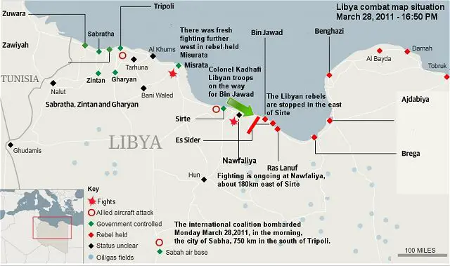 Libyan Rebels are attempting to seize control of Muammar Gaddafi's hometown, but government forces are gathered to stop them.. Combat map situation 28 March 2011 